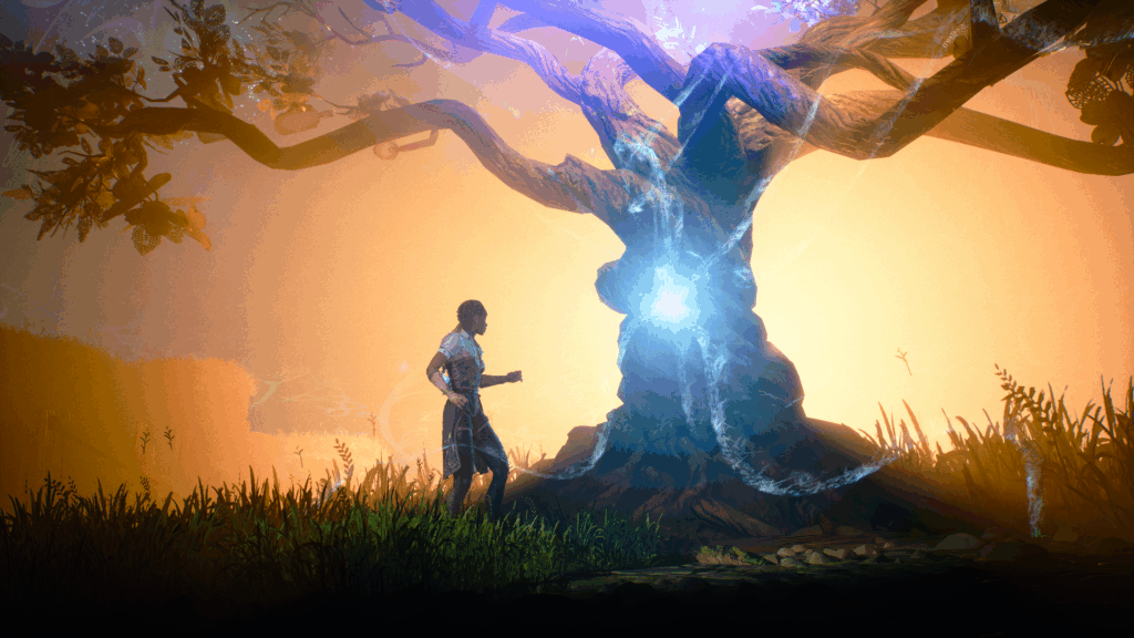 Capture d'écran de South of Midnight où l'on peut voir Hazel au pied d'un arbre gigantesque à bouteilles bleues, illuminés de toute part sur un fond lumineux orangé