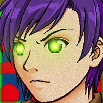 mon avatar depuis des années fait sur facemaker 2003, il s'agit d'un garçon ayant l'air énervé, les cheveux mi-longs violets, les yeux verts et laser et les sourcils froncés. En arrière on peut voir en alternance des cercles rouge et bleus. L'image est légèrement brouillée.