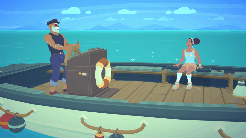 Capture d'écran du jeu sur lequel on peut voir Alex assise sur le banc d'un petit bâteau piloté par un capitaine portant un cache-oeil. Le temps est clair et beau, l'eau est turquoise et reflète le soleil.
