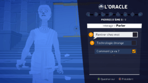 Capture d'écran de Mythwrecked sur laquelle on peut voir une scène de dialogue telle qu'elle se présente dans le jeu. Des propositions sont faites à droite et à gauche on peut voir, ici, Ora l'Oracle qui se tient droite devant nous.