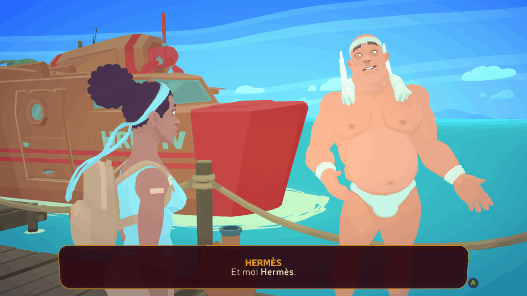 Scène avec Hermès, un homme un peu rond portant un tanga blanc et des ailes dans le dos. Derrière lui, sur l'eau, on peut voir le nez d'un hydravion qui est garé là. La boite de dialogue indique qu'il nous parle et dit "Et moi Hermès !"