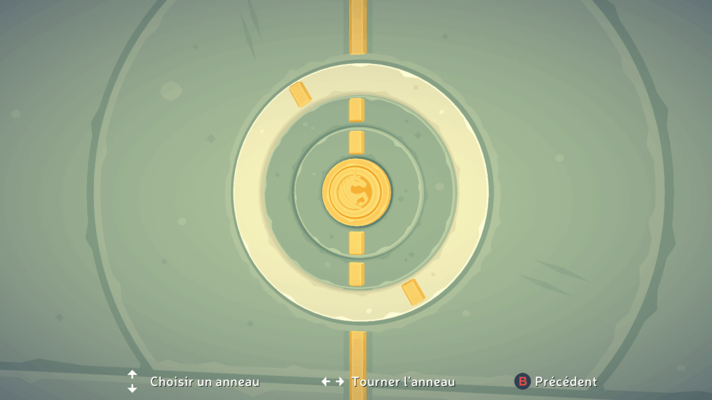 Un puzzle du jeu, on peu voir trop cercles avec deux traits opposés, il faut joindre les traits pour créer une ligne continue. Au milieu il y'a un genre de talisman doré.