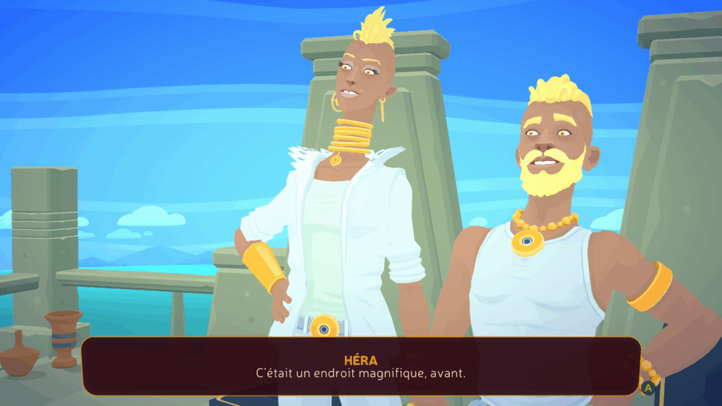 Zeus et Héra en train de parler à Alex, iels portent des vêtements blancs et des bijoux en or très visibles. Les deux sont plutôt BCBG sortis d'école de commerce dans le style général. Héra dit "C'était un endroit magnifique avant".