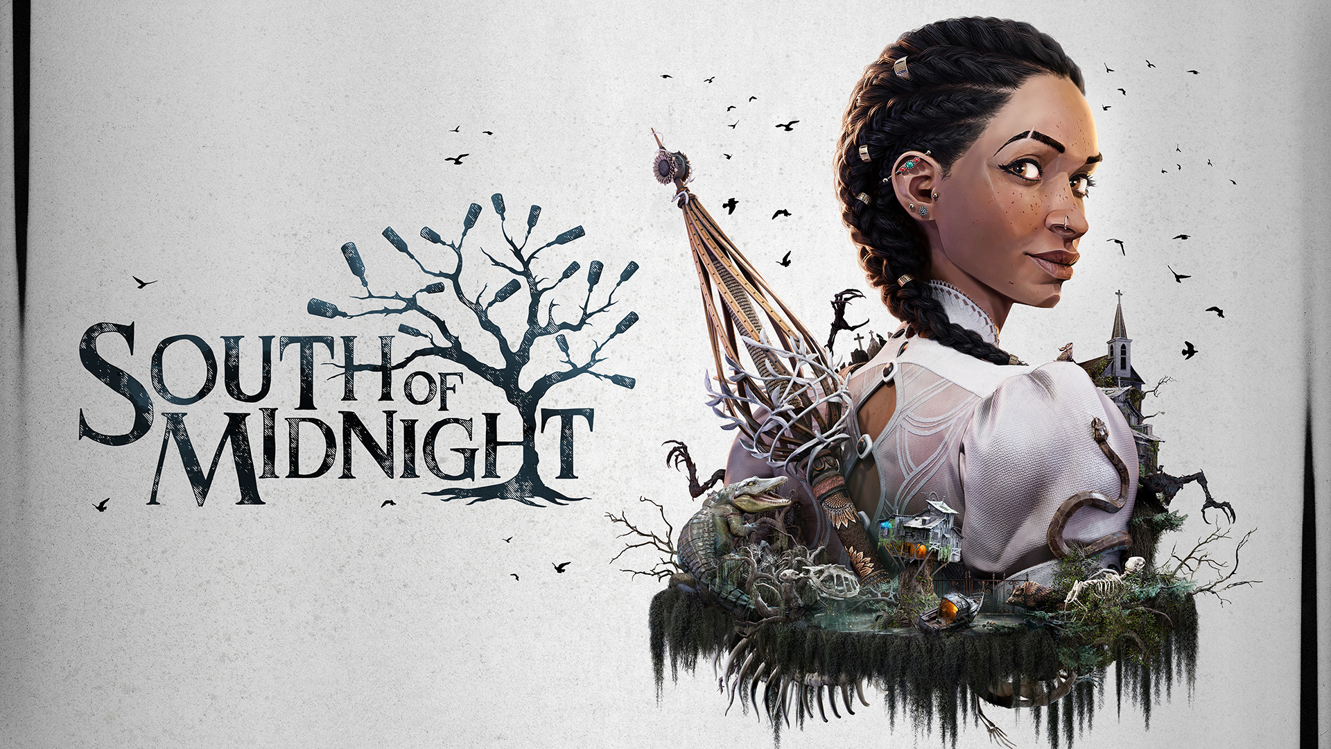 Logo et image promotionnelle de South of Midnight, montrant le haut du buste de l'héroïne de dos, la tête tournée vers nous avec un léger sourire, entourée par les différentes étapes du jeu et montrant le bayou qu'on y découvre, elle porte un outil de couture dans le dos et a un serpent lui grimpant sur l'épaule droite.