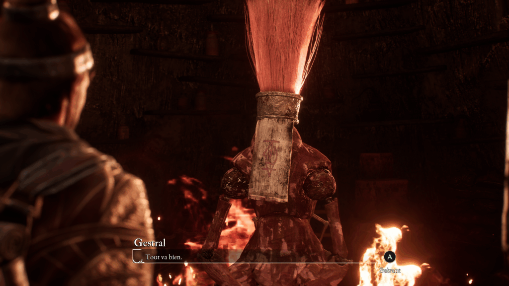 Un gestral assis au milieu des flammes qui dit "Tout va bien" (référence au meme du chien assis dans les flammes avec une tasse disant "This is fine")