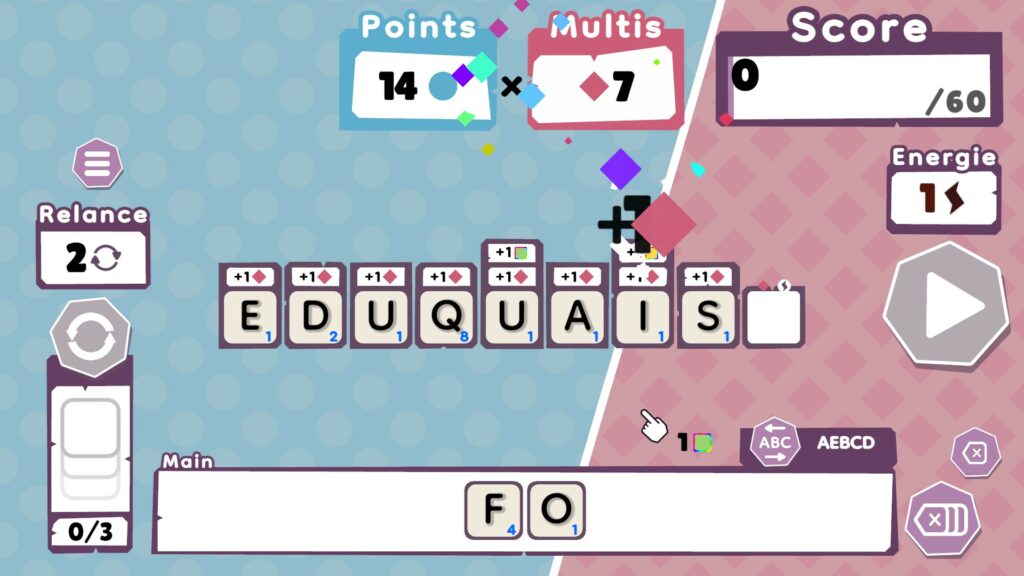 Ecran de jeu de Wordatro! avec le mot "Eduquais"