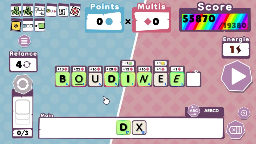 Ecran du jeu avec le mot "Boudinée" bourré de lettres bonus