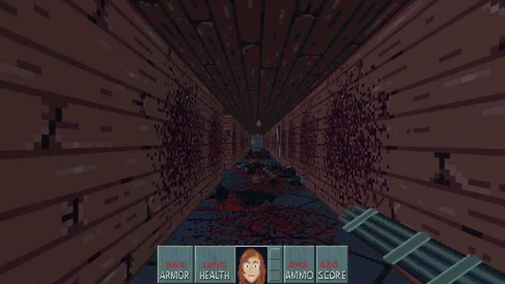 Screenshot du jeu montrant des tas de cadavres dans un couloir pendant que mon personnage tiens une sulfateuse
