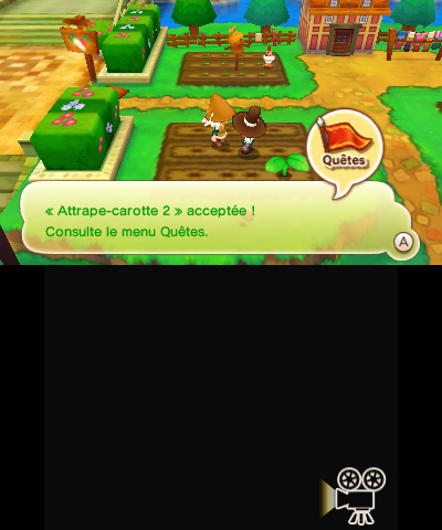 Capture d'écran de Fantasy Life où l'on voit que je viens d'accepter une quête consistant à tuer des carottes "Attrape Carottes 2 acceptée"