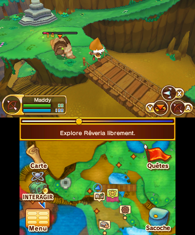 Capture d'écran du jeu montrant en bas la carte du monde et les différents menus et en haut mon personnage se battant sur un pont dans une zone plutôt verdoyante et montagneuse.