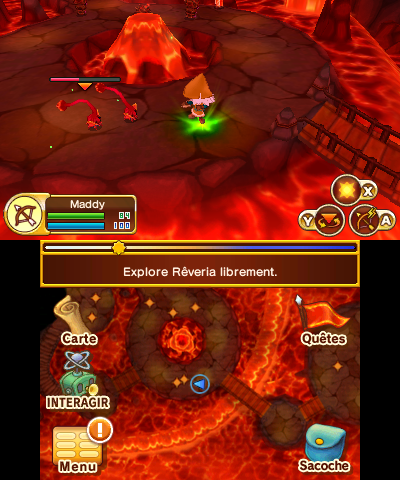 Capture d'écran de Fantasy Life. On peut voir la carte du monde où je me trouve sur l'écran du bas avec les menus accessibles, sur l'écran du haut on voit mon personnage se battre au milieu d'un volcan contre des espèces de vers de lave mutants.