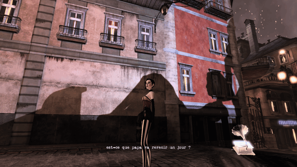 Screenshot de Contrast dans lequel on voit Didi couchée dans son lit parlant à sa mère en ombres projetées sur une façade d'immeuble et disant "Est-ce que papa va revenir un jour ?"