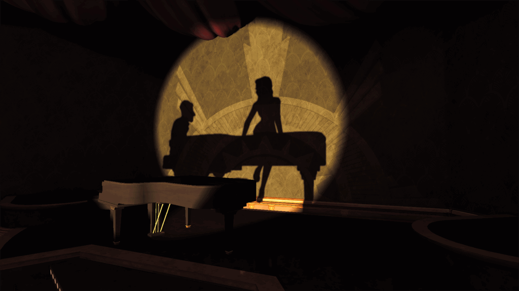 Screenshot du jeu Contrast dans lequel on voit un spot éclairant un piano sur une scène autour duquel il n'y a personne projetant une ombre dans un cercle de lumière dans laquelle on voit l'ombre dudit piano avec Kat assise dessus et regardant le pianiste qui s'affaire à jouer dessus, toujours en ombres.