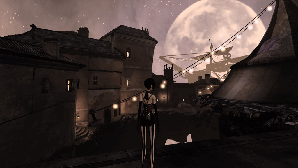 Screenshot du jeu Contrast dans lequel on voit Dawn regardant vers l'horizon dans un monde plongé dans la nuit et au sol qui se morcèle, on voit des maisons et immeubles jaunis et décrépis, des guirlandes en guise de lumière dans les rues et dans le fond, face à une lune gigantesque, un énorme bâteau illuminé par des guirlandes, le tout est en teinte sépias.