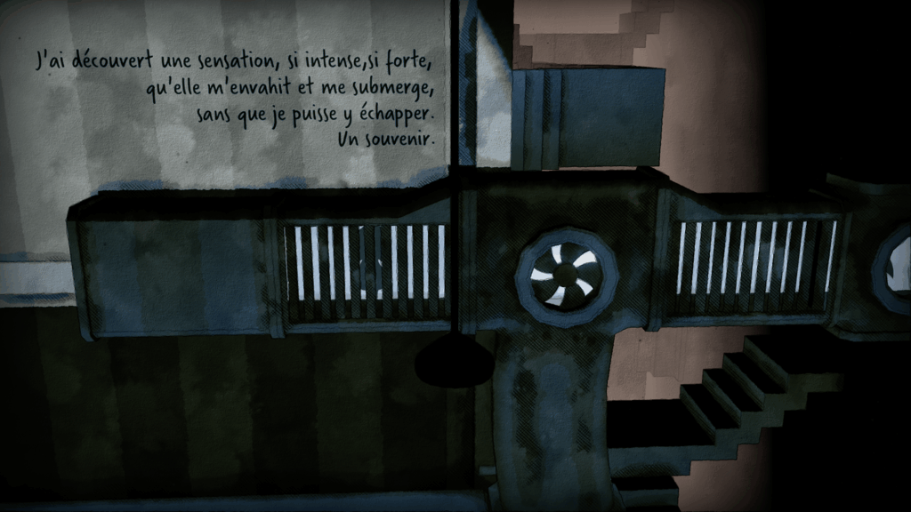 Screenshot du jeu Shady part of me dans laquelle on peut voir l'ombre dans un conduit d'aération éclairé et sur le mur, la pensée suivante écrite : "J'ai découvert une sensation, si intense,si forte, qu'elle m'envahit et me submerge, sans que je puisse y échapper.
Un souvenir."
