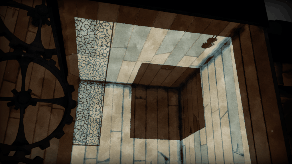 Screenshot du jeu Shady part of me où l'on peut voir un puzzle de l'ombre, dans un coin d'une pièce, tête en bas avec un carré d'ombre au centre et une grille d'ombre à gauche. C'est imbitable ? C'est normal.